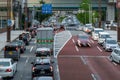 Cars stuck in traffic on the streets of Fukuoka, Japan on the evening