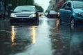 Cars Submerged in Hurricane Heavy Rains and Flooding Devastation. Generative AI