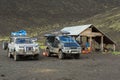 Cars SUVs in the parking lot for tourists. North Breakthrough Great Tolbachik Fissure Eruption 1975