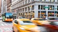 Cars, taxis and buses speed through the busy intersection of 23rd Street and 5th Avenue in New York City