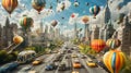 Cars and taxis rush along a busy highway that winds through the city the sky above filled with colorful hot air balloons Royalty Free Stock Photo
