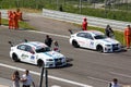 Cars and technicians on the grid at Monza circuit Royalty Free Stock Photo