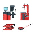 Cars tire balancing and fitting equipment. Automobile jacks isolated vector illustration.