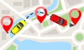 Cars with top view on city map and red pins. Car moving on dotted line trail. Flat Vector illustration.