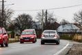 Cars in traffic on the asphalt road in Targoviste, Romania, 2020.