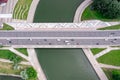 Cars traffic on bridge over the river. aerial top view Royalty Free Stock Photo