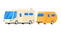 Cars, truck, motorhome, tiny trailer for travel, small trailer, economy tourism, cartoon vector illustration, isolated