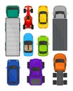 Cars and trucks top view set, city and cargo delivering transport, vehicles for transportation vector Illustration