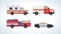 Cars, vehicles transport: fire service, ambulance machine, rescue service, police. Royalty Free Stock Photo