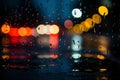 Cars view on a rainy night drive through glistening streets