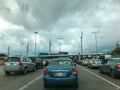 Cars waiting in line to cross border from Mexico to USA