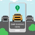 Carsharing concept. renting and carpooling banner with smartphone