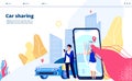 Carsharing landing. Carpooling travel by multiple people together driver with car renting for city trip. Transportation