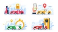Carsharing service. Cars rental and exchange smartphone applications, city taxi tag, people use mobile search transport