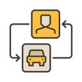 Carsharing vector Man and Car with Arrows concept colored icon Royalty Free Stock Photo