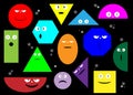 Colorful Set of Various bright basic Geometric Figures with face emotions. Different shapes and eyes. Hand drawn trendy Vector Royalty Free Stock Photo