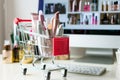 cart with beauty products, cosmetics site on computer screen Royalty Free Stock Photo