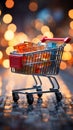 Cart and commerce Supermarket shopping captured against blurred store bokeh ambiance