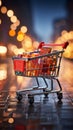 Cart and commerce Supermarket shopping captured against blurred store bokeh ambiance