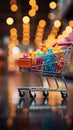 Cart and commerce Supermarket shopping captured against blurred store bokeh ambiance