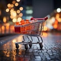 Cart and commerce Supermarket shopping captured against blurred store bokeh ambiance