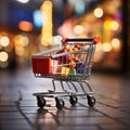 Cart and commerce Supermarket shopping captured against blurred store bokeh ambiance