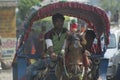 Cart driver with horse riding on the street in Nepal