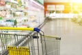 Cart at the grocery store. Abstract blurred photo of store with trolley in department store bokeh background. Royalty Free Stock Photo