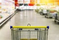 Cart at the grocery store. Abstract blurred photo of store with trolley in department store bokeh background. Royalty Free Stock Photo