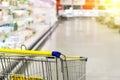 Cart at the grocery store. Abstract blurred photo of store with trolley in department store bokeh background. Royalty Free Stock Photo