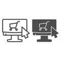 Cart on monitor line and glyph icon. Computer with shopping trolley vector illustration isolated on white. Online market Royalty Free Stock Photo