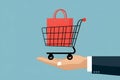 Cart placed on hand, online shopping anytime, vector illustration