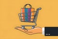 Cart placed on hand, online shopping anytime, vector illustration