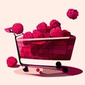 Cart with raspberries. Vector illustration of a shopping cart with raspberries. AI generated