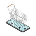 Cart Rested on Smartphone Screen as Shopping and Retail Industry Isometric Vector Illustration