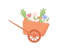 Cart with spring flowers and vegetables flat vector illustration isolated. Royalty Free Stock Photo