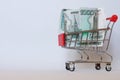 Cart from the supermarket filled with Russian paper rubles. Purchasing power, economy and exchange rate. Pension and social Royalty Free Stock Photo