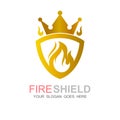 Shield logo and crown, Emblem with fire element Royalty Free Stock Photo