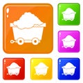 Cart on wheels with coal icons set vector color