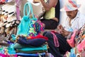 Artisan knittiing by hands woolen bags in Cartagena.