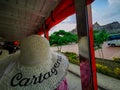 CARTAGENA, COLOMBIA - NOVEMBER 12, 2019: Panama Hats with Cartagena emblem used by tourists in Colombia