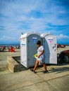 CARTAGENA, COLOMBIA - NOVEMBER 12, 2019: Beach portable bathroom around the city centre, which itself is a tourist