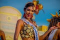 CARTAGENA, COLOMBIA - NOVEMBER 07, 2019: Happy beauty queen parading at the independece day parade on the streets of