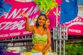 CARTAGENA, COLOMBIA - NOVEMBER 07, 2019: Happy beauty queen parading at the independece day parade on the streets of