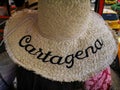 CARTAGENA, COLOMBIA - NOVEMBER 12, 2019: Panama Hats with Cartagena emblem used by tourists in Colombia