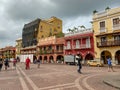 A typical view of the city architecture in old town Cartagena, Columbia port on a hazy morning