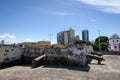 Cartagena de Indias, Bolivar/Colombia, December 13, 2017: Defensive wall in front of skyline at walled city of Cartagena, Colombia Royalty Free Stock Photo