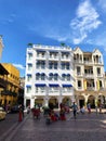 Cartagena, Panama, August 30, 2019 - offie, traditional buildings of Cartagena, Colombia, blue sky