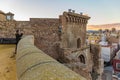 CARTAGENA, SPAIN - December 2, 2017: Aerial panoramic view of famous roman amphitheater. Beautiful sunset over the mountains. Wide