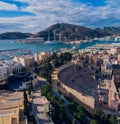 Cartagena, Spain. Panorama of the city with views of the mountains, the Roman amphitheatre and the bay with yachts